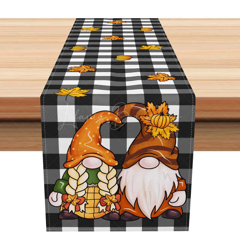 Lofaris Autumn Gnome and Plaid Table Runner Scandinavian Dwarf Doll with Pumpkins Rustic Fall Thanksgiving Decor