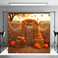 Lofaris Autumn Harvest Backdrop Rustic Wooden Fence Pumpkin Hay Background Thanksgiving Maple Leaves Party Decoration