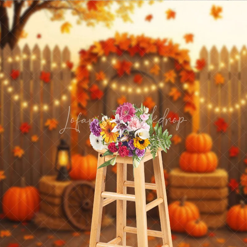Lofaris Autumn Harvest Backdrop Rustic Wooden Fence Pumpkin Hay Background Thanksgiving Maple Leaves Party Decoration
