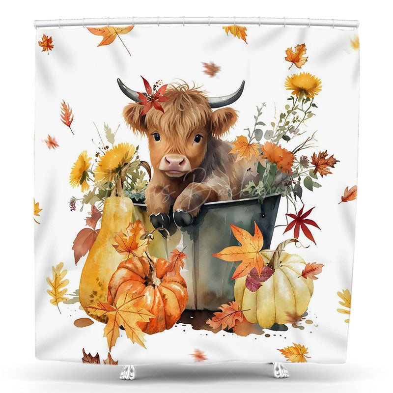 Lofaris Autumn Little Cow Pumpkins Maple Leaf Shower Curtain