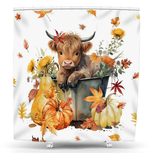 Lofaris Autumn Little Cow Pumpkins Maple Leaf Shower Curtain