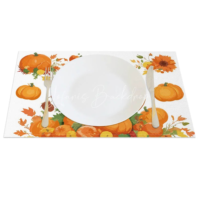 Lofaris Autumn Orange Pumpkin and Greenery Set of 4 Placemats for Fall Harvest Thanksgiving Table Decor