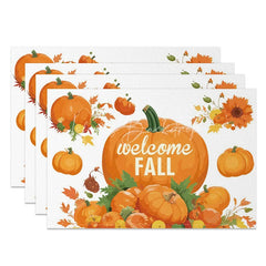 Lofaris Autumn Orange Pumpkin and Greenery Set of 4 Placemats for Fall Harvest Thanksgiving Table Decor