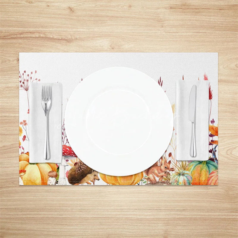 Lofaris Autumn Pumpkin Mushroom and Hedgehog Set of 4 Placemats for Fall Thanksgiving Woodland Decor