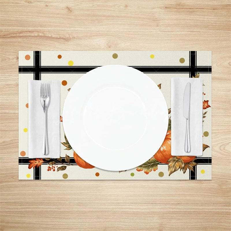 Lofaris Autumn Pumpkin on Black and White Cross Stripe Set of 4 Placemats for Modern Farmhouse Fall Decor
