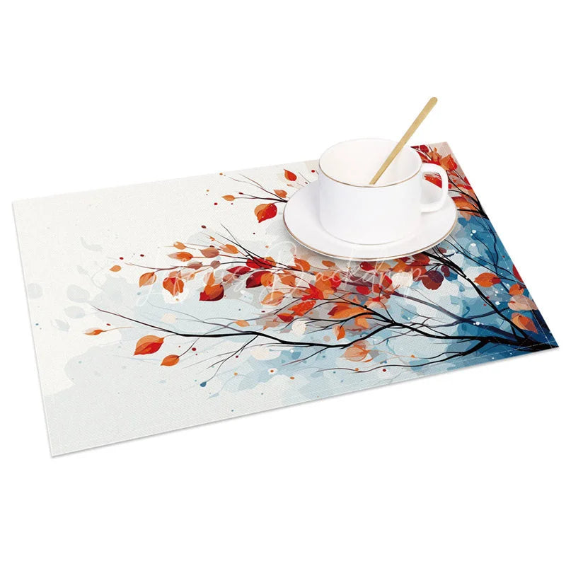 Lofaris Autumn Red and Orange Leaves Pattern Set of 4 Placemats for Fall Harvest Thanksgiving Dining Decor