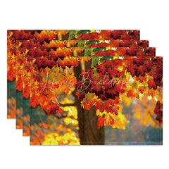 Lofaris Autumn Tree and Red Maple Leaf Pattern Set of 4 Placemats for Fall Harvest Thanksgiving Decor