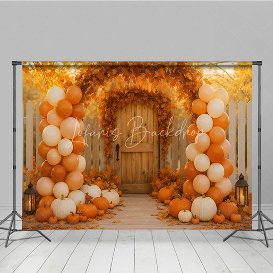 Lofaris Autumn Wedding Gate Photography Backdrop Fall Leaves Arch and Balloon Columns Rustic Pumpkin Path Photo Booth
