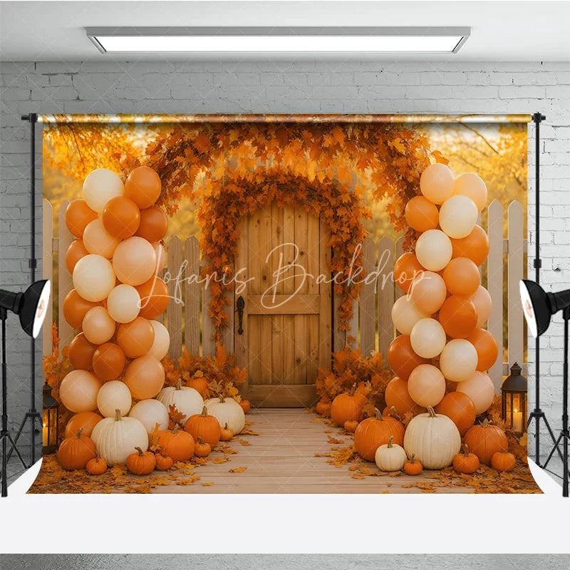 Lofaris Autumn Wedding Gate Photography Backdrop Fall Leaves Arch and Balloon Columns Rustic Pumpkin Path Photo Booth