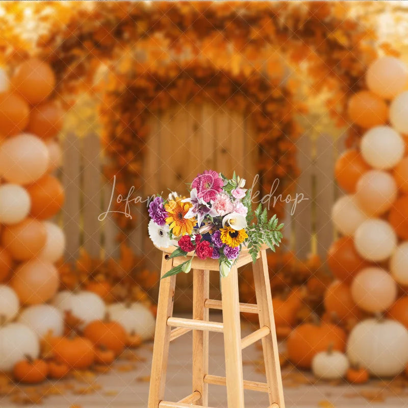 Lofaris Autumn Wedding Gate Photography Backdrop Fall Leaves Arch and Balloon Columns Rustic Pumpkin Path Photo Booth