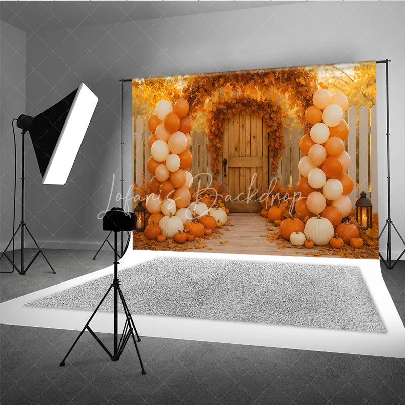 Lofaris Autumn Wedding Gate Photography Backdrop Fall Leaves Arch and Balloon Columns Rustic Pumpkin Path Photo Booth