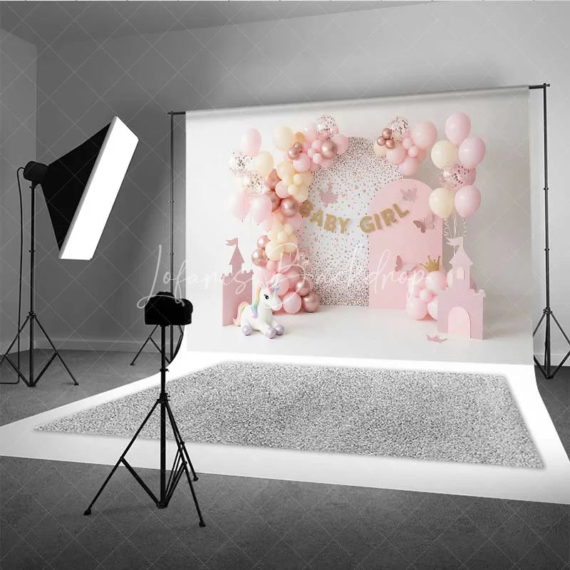 Lofaris Baby Girl Unicorn Cake Smash Backdrop Pink Castle and Balloons Party Background for Girls