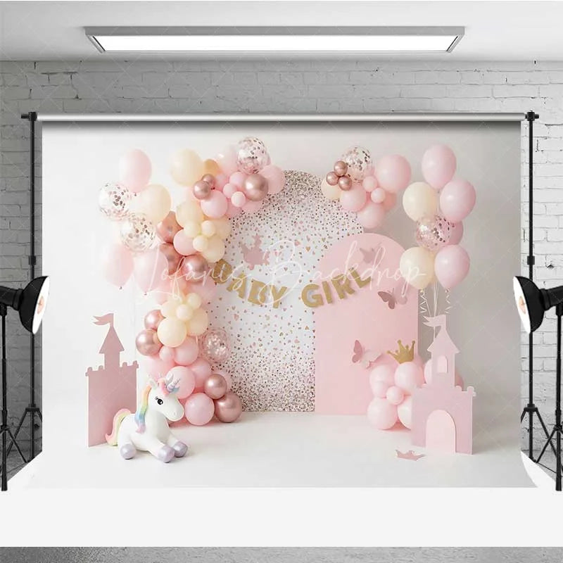 Lofaris Baby Girl Unicorn Cake Smash Backdrop Pink Castle and Balloons Party Background for Girls