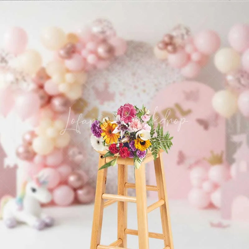 Lofaris Baby Girl Unicorn Cake Smash Backdrop Pink Castle and Balloons Party Background for Girls