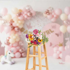 Lofaris Baby Girl Unicorn Cake Smash Backdrop Pink Castle and Balloons Party Background for Girls