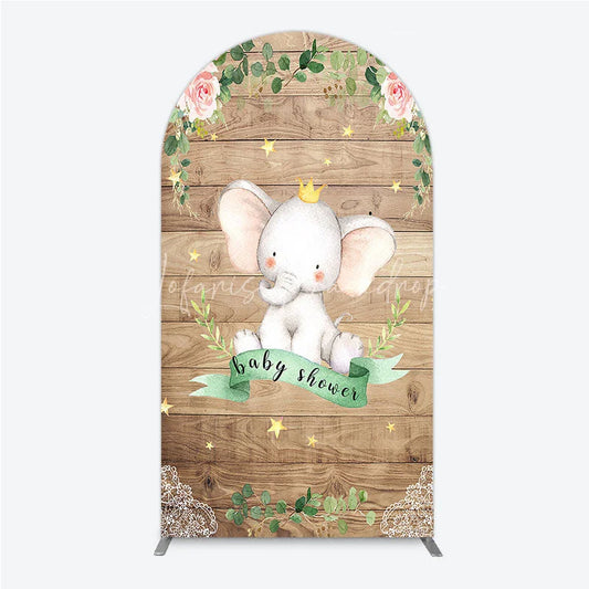 Lofaris Baby Shower Arch Backdrop with Crown Elephant Rustic Wood Plank and Pink Floral Roses Girl