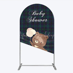 Lofaris Baby Shower Bear with Balloons Arch Backdrop Green and Blue Tartan Plaid Party Cover