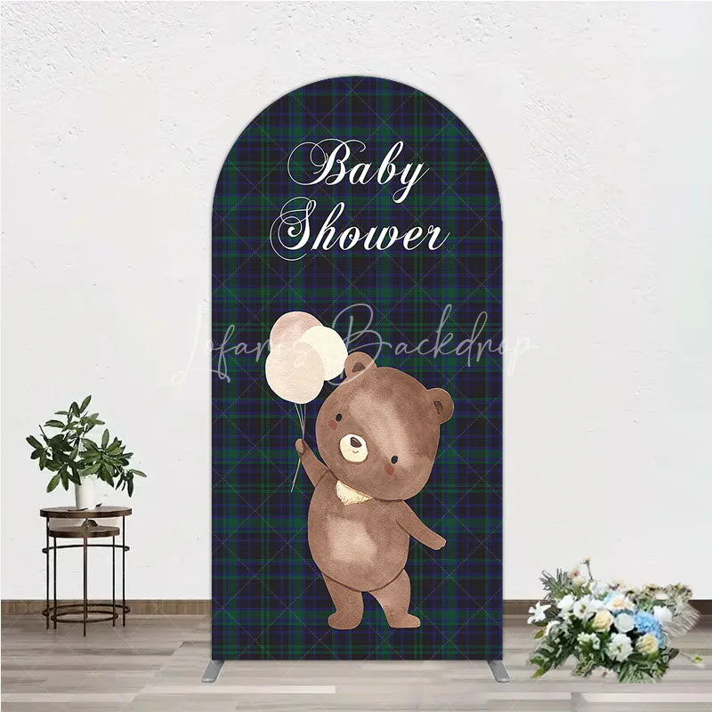 Lofaris Baby Shower Bear with Balloons Arch Backdrop Green and Blue Tartan Plaid Party Cover