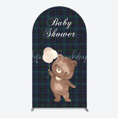 Lofaris Baby Shower Bear with Balloons Arch Backdrop Green and Blue Tartan Plaid Party Cover
