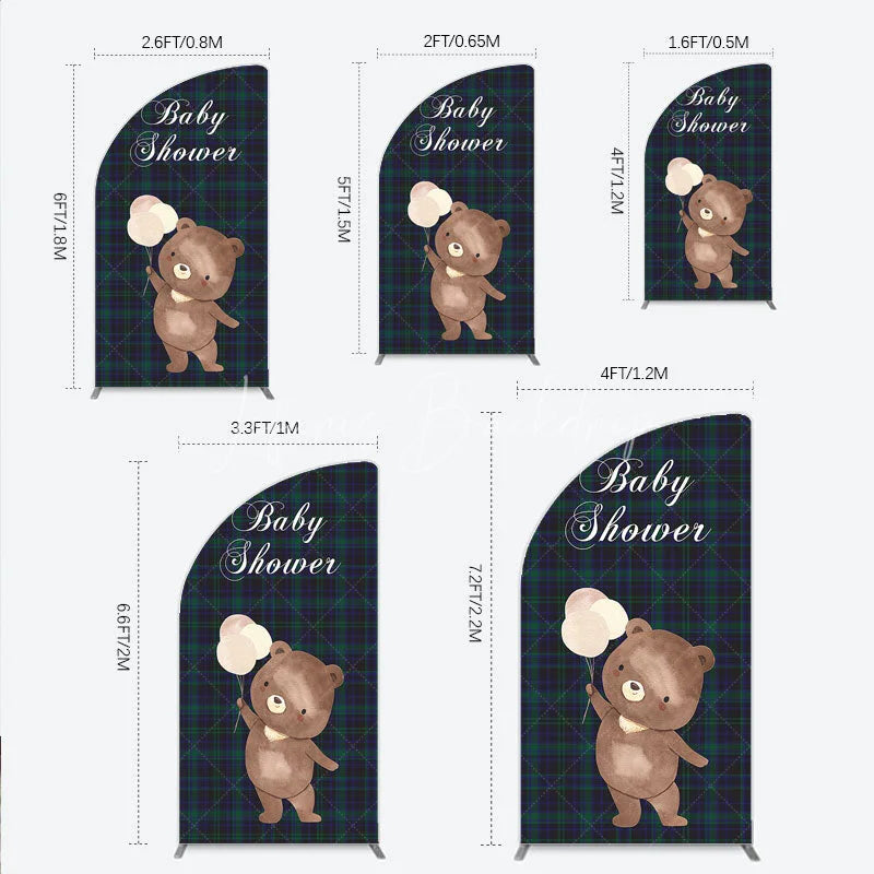 Lofaris Baby Shower Bear with Balloons Half Moon Arch Backdrop Green and Blue Tartan Plaid Party Cover