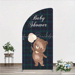 Lofaris Baby Shower Bear with Balloons Half Moon Arch Backdrop Green and Blue Tartan Plaid Party Cover