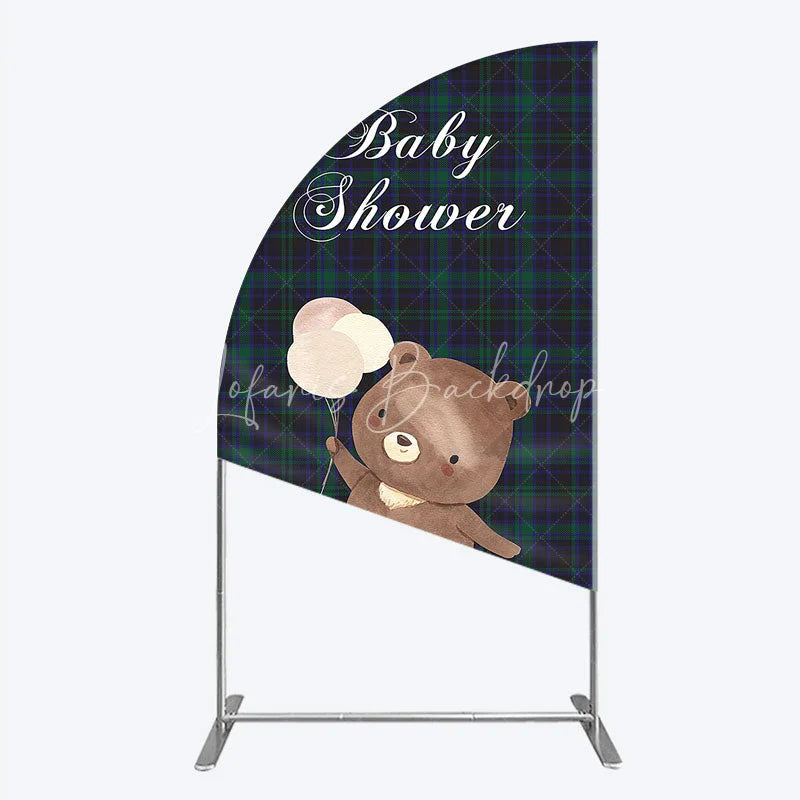 Lofaris Baby Shower Bear with Balloons Half Moon Arch Backdrop Green and Blue Tartan Plaid Party Cover