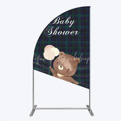 Lofaris Baby Shower Bear with Balloons Half Moon Arch Backdrop Green and Blue Tartan Plaid Party Cover