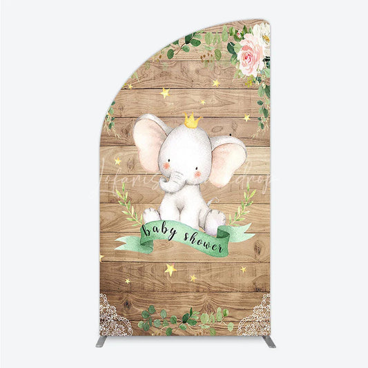 Lofaris Baby Shower Half Moon Arch Backdrop with Crown Elephant Rustic Wood Plank and Pink Floral Roses Girl
