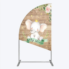 Lofaris Baby Shower Half Moon Arch Backdrop with Crown Elephant Rustic Wood Plank and Pink Floral Roses Girl