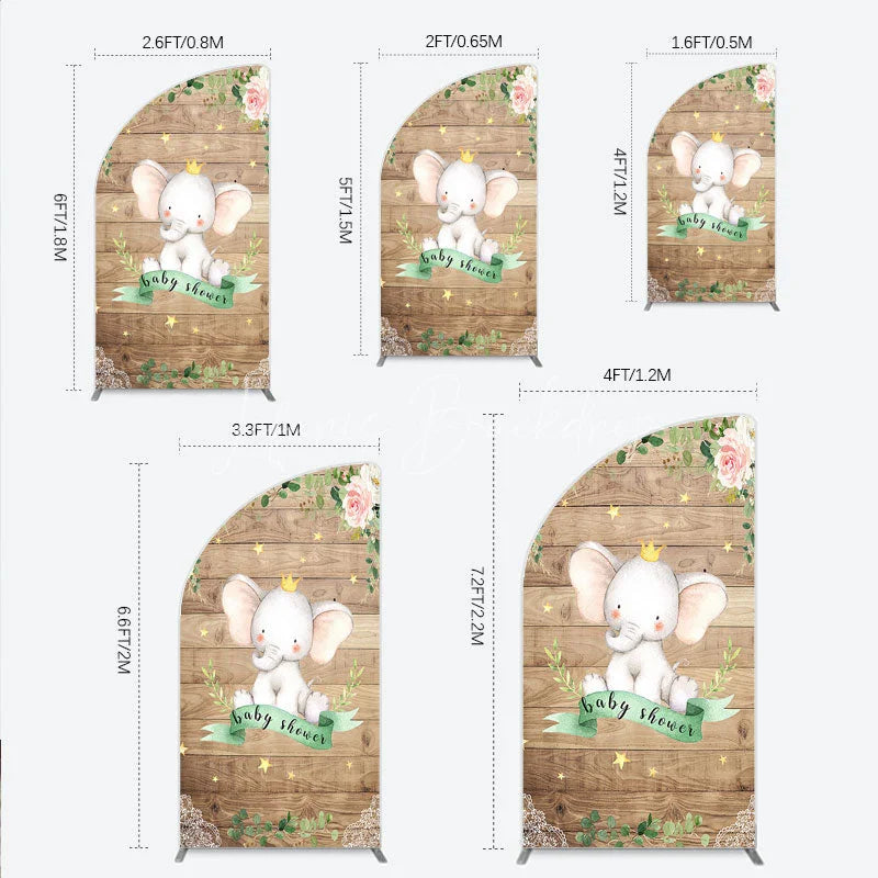 Lofaris Baby Shower Half Moon Arch Backdrop with Crown Elephant Rustic Wood Plank and Pink Floral Roses Girl