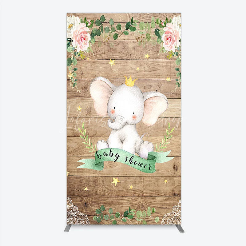 Lofaris Baby Shower Rectangle Backdrop with Crown Elephant Rustic Wood Plank and Pink Floral Roses Girl