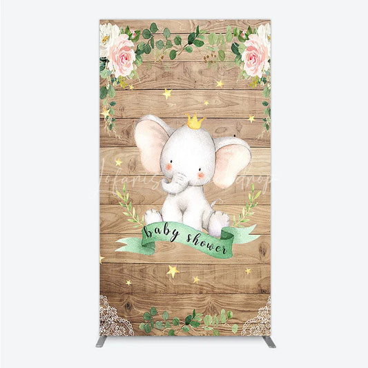 Lofaris Baby Shower Rectangle Backdrop with Crown Elephant Rustic Wood Plank and Pink Floral Roses Girl