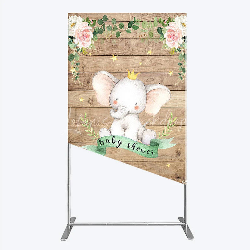 Lofaris Baby Shower Rectangle Backdrop with Crown Elephant Rustic Wood Plank and Pink Floral Roses Girl