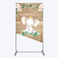 Lofaris Baby Shower Rectangle Backdrop with Crown Elephant Rustic Wood Plank and Pink Floral Roses Girl
