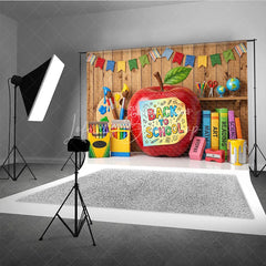 Lofaris Back to School Apple Photography Backdrop with Colorful Art and Learning Supplies Wooden Wall Background