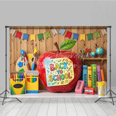 Lofaris Back to School Apple Photography Backdrop with Colorful Art and Learning Supplies Wooden Wall Background