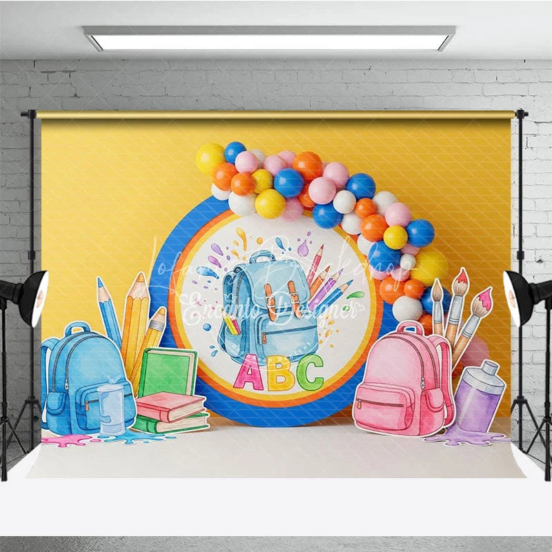 Lofaris Back To School Backdrop Blue Backpack ABC Letters Pencils Paint Balloons Background Kindergarten Photography Prop