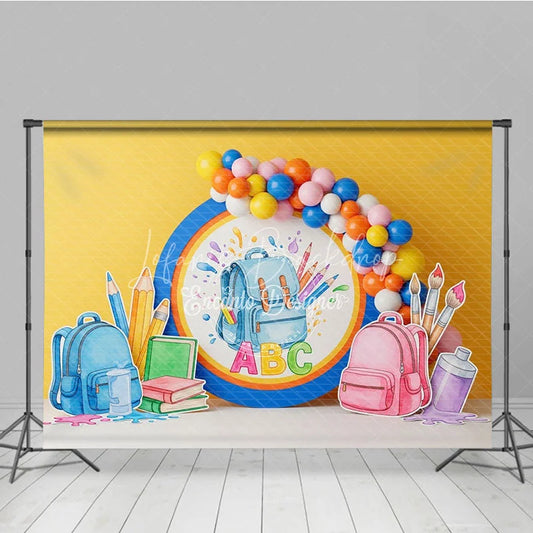 Lofaris Back To School Backdrop Blue Backpack ABC Letters Pencils Paint Balloons Background Kindergarten Photography Prop