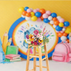 Lofaris Back To School Backdrop Blue Backpack ABC Letters Pencils Paint Balloons Background Kindergarten Photography Prop
