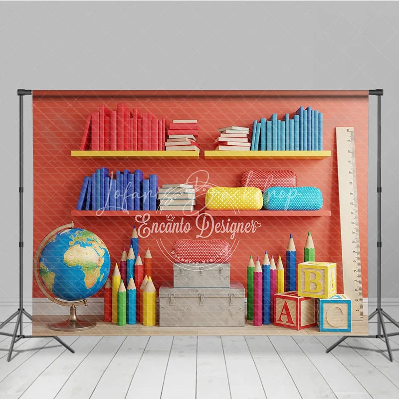 Lofaris Back to School Combo Set Backdrop Bookshelf and Educational ABC Blocks Party Background