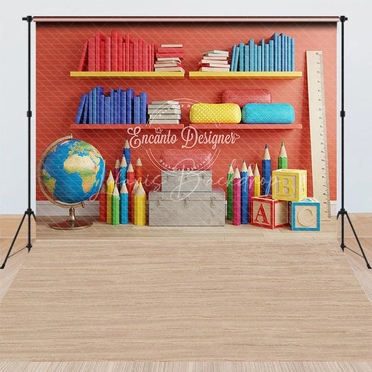 Lofaris Back to School Combo Set Backdrop Bookshelf and Educational ABC Blocks Party Background