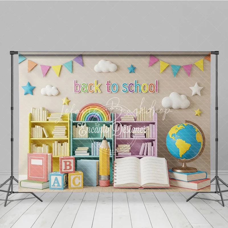 Lofaris Back to School Combo Set Backdrop Classroom Bookshelf Rainbow Photography Background Globe Study Photo Prop