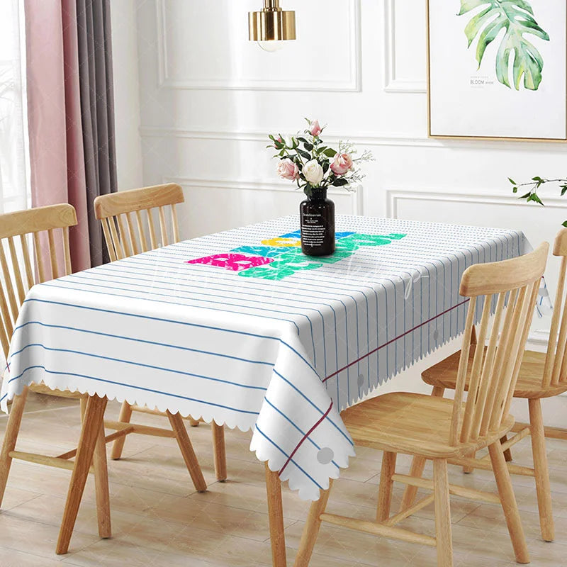 Lofaris Back to School Lined Paper Rectangle Tablecloth Colorful Text Notebook Table Cover Kindergarten Classroom Decor