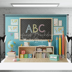 Lofaris Back to School Photography Backdrop Blue Wall ABC Chalkboard Background Giant Pencil Photo Prop