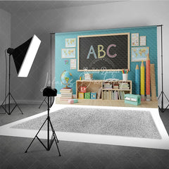 Lofaris Back to School Photography Backdrop Blue Wall ABC Chalkboard Background Giant Pencil Photo Prop