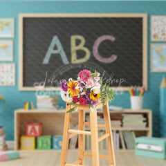 Lofaris Back to School Photography Backdrop Blue Wall ABC Chalkboard Background Giant Pencil Photo Prop