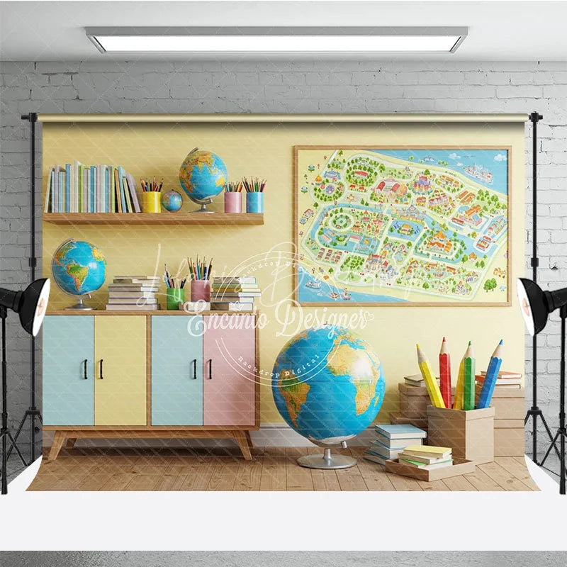Lofaris Back to School Photography Backdrop Classroom Map Globe Background Pastel Study Room Photo Prop