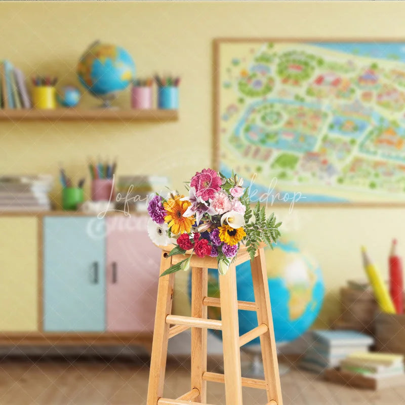 Lofaris Back to School Photography Backdrop Classroom Map Globe Background Pastel Study Room Photo Prop