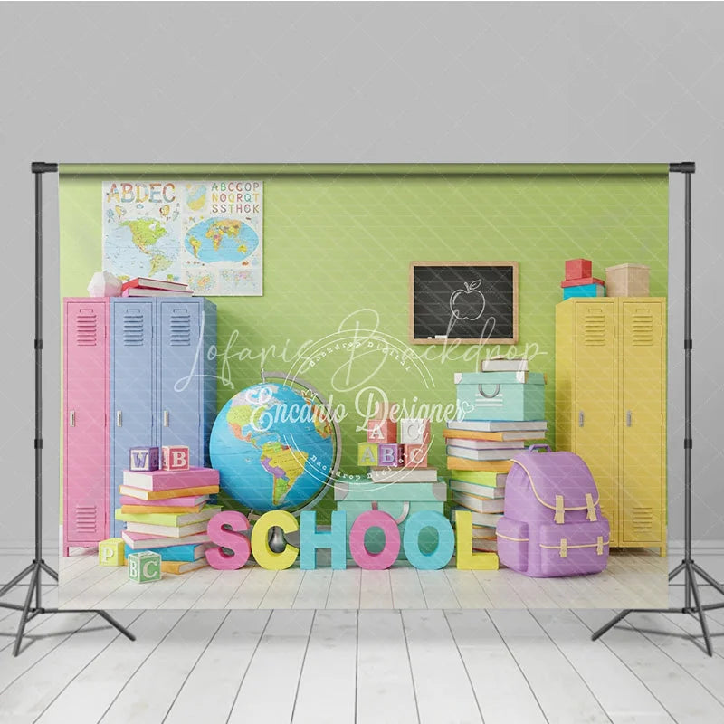 Lofaris Back to School Photography Backdrop Colorful Locker Classroom Background Globe Book Photo Prop