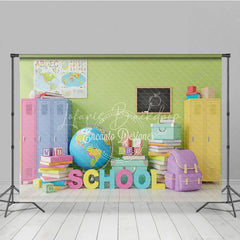 Lofaris Back to School Photography Backdrop Colorful Locker Classroom Background Globe Book Photo Prop